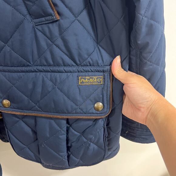 Polo Ralph Lauren XL Men Navy Hunting Jacket Quilted Shooting Leather Trim Barn - Picture 10 of 16